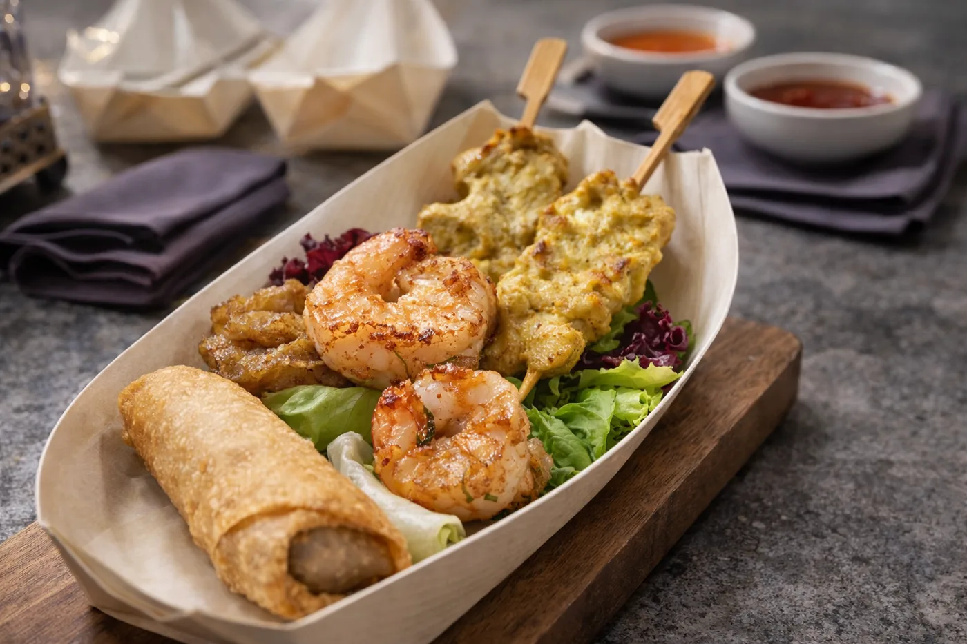 Bouchées thaï : nem, crevettes et brochette satay